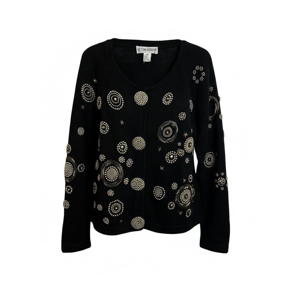 Victoria Harbour Black‎ Beaded Cardigan Sweater Ramie Cotton Vintage Medium